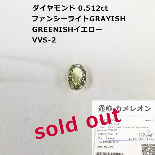 FANCY LIGHT GRAYISH GREENISH YELLOW VVS-2 ダイヤモンドルース。D0.512ct 中央宝石研究所ソーティング付 通称カメレオン。吸い込まれる様なズーと見ていられるルース。